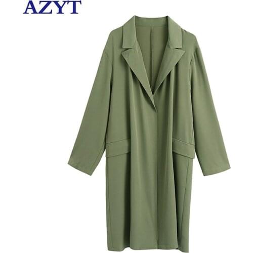 AZYT 2021 Autumn Simple Style Mid Long Jacket Female Solid Elegant Lady Windbreaker Jacket Korean Loose Open Stitch Coat Female