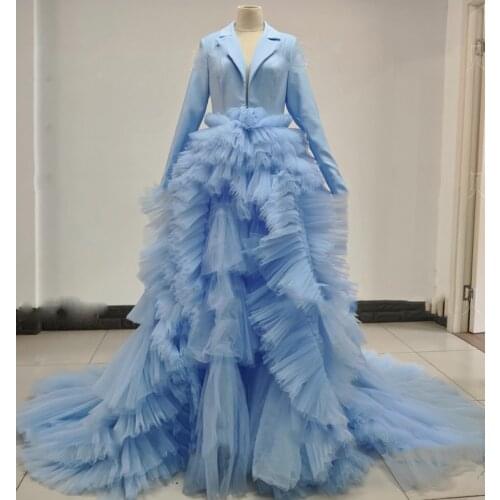 Sky Blue Prom Gowns 2020 Couture Ruffles Tulle Formal Party Dresses Women Long Sleeves Puffy Tutu A-line Vestidos Real Image