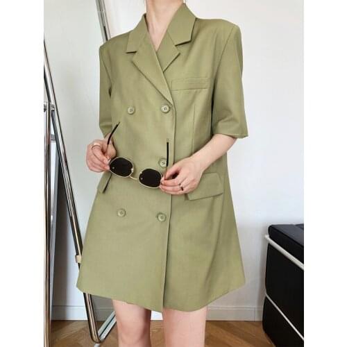 Short Sleeve Double Breasted Mid Length Blazer Coat 2021 Fashion New Notched Design Streetwear Female Casual Blazer Dresses