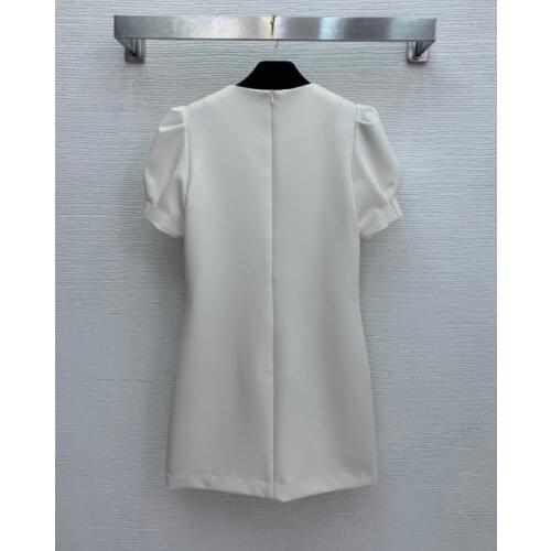 21 early spring new fashion vertical stripe tassel hot drill pearl chain bubble sleeve round neck short sleeve dress