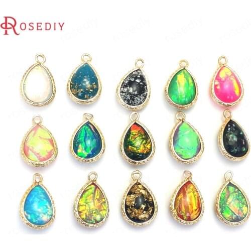 10PCS 19x12MM 24K Champagne Gold Color Brass and Resin Colorful Rainbow Style Drop Shpae Charms Pendants Diy Jewelry Findings