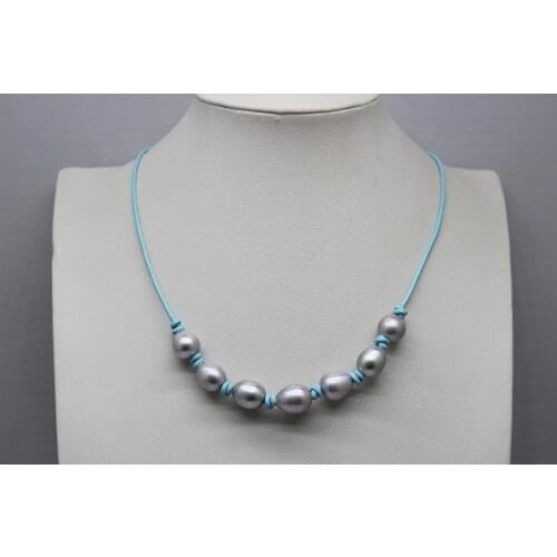 7 Beads Gray Freshwater Pearls and lake blue Leather Handmade Necklaces 9x12mm 18INCH