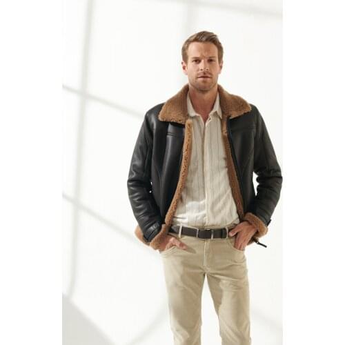 Free shipping Fast Fashion genuine sheepskin black jacket winter brown fur leather biker jacket