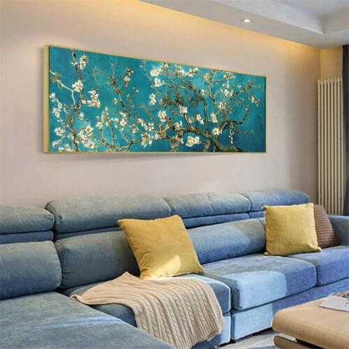 Van Goghs famous oil painting almond tree is full of almond blossoms. The photos printed on the canvas are world-famous works