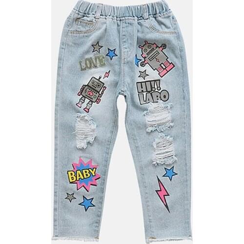 2020 Hot sale Kids big girls new denim pants children casual cartoon letters distrressed Jeans for girls 4-9 years