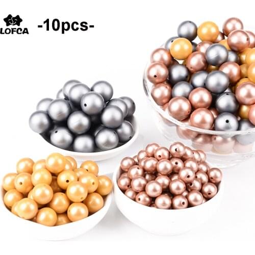 LOFCA 10pcs 12/15/19mm Silicone Beads Metallic Silver Print Teething Beads BPA Free Baby DIY Chewable Babies Accessories