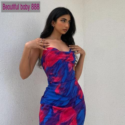 Meqeiss 2020 New Fashion Print Sleeveless Spaghetti Strap Midi Dress Party Night Club Gown Backless Sundress Elegant Beachwear