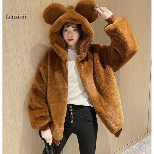 Autumn/winter Japanese Kawaii womens coat new fashion loose plus velvet thick hooded sweatshirts furry clothes women jacket