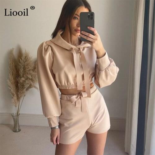 Liooil Casual Two Piece Set Cropped Hoodie And Drawstring Shorts Sweat Suit Set Streetwear Autumn Winter Outfits For Women 2021