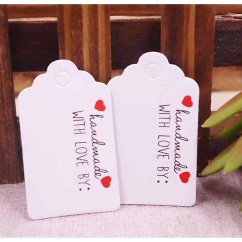 Size is 5x3cm handmade with love scallop shape white paper products hang tag stock for candy box cookie cupcake favors 100pcs