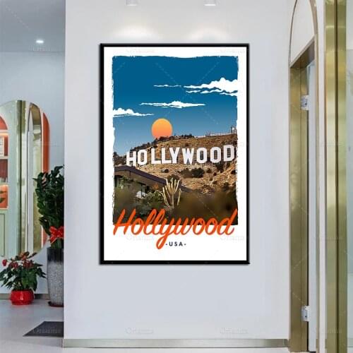 Retro Vintage Style Travel Poster Holywood USA Oil Painting Posters and Prints on Canvas Wall Art Modular Living Room Home Decor