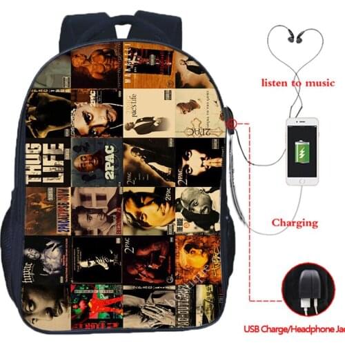 Boys Girls Tupac 2Pac USB Charging Backpacks Beautiful Pattern Students School Bags Boys Girls Book Rucksack Men Casual Knapsack