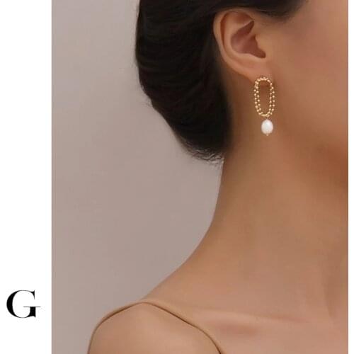GHIDBK Fashion Simple Baroque Natural Freshwater Pearls Layering Beaded Chain Stud Earrings Street Style Stainless Steel Jewelry
