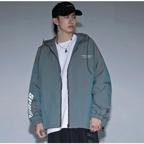 Plus Size M-XXL Men Spring Full Reflective Windbreaker Waterproof Jacket Male High Street Hip Hop Loose Letter Print Coats