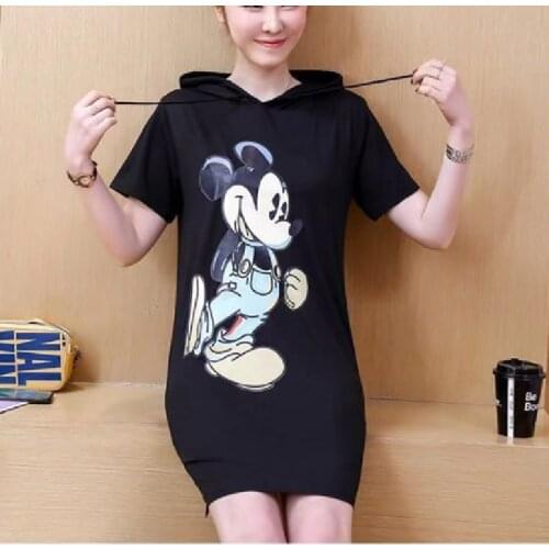Women Disney Short Dress Stripe Mickey Mouse Hooded Dresses for Lady Short Sleeve Female Clothes New Fashion Casual Women Dress
