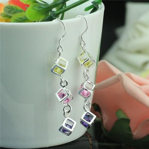925 Sterling Silver Plated 3 Colors Crystal Gemstone Fashion Tassel Rubiks Cube Zircon Dangle Earrings Womens Jewelry