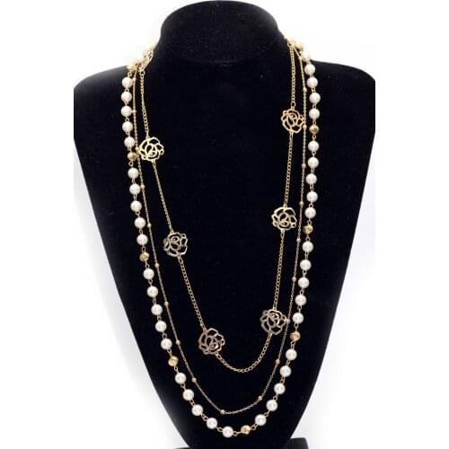 Women Gift Flower Multi layer pearl of sweater chain Rosette Sweater Lian Shunv lady Pearl NecklaceGenuine Selling Huge