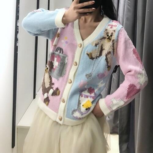 Runway Cardigan Women Contrast Color Bear Jacquard Knitted Cardigan 2021 Spring New V-Neck Single Breasted Sweater Coat