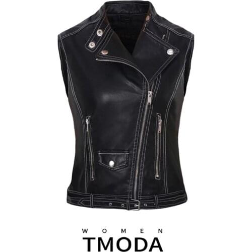 TMODA258 New Fashion Women Spring Autunm Black Faux Leather Vest Jackets Lady Bomber Motorcycle Cool Outerwear Coat with Belt