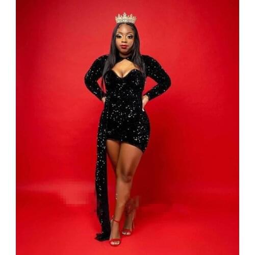 2021Glitter Black Sequins Short Prom Dresses For African Girl Long Sleeves Formal Cocktail Party Prom Gowns