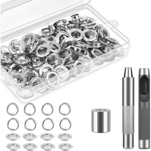 Free Shipping 100 set silver eyelet and Eyelet Punch Die Tool Set for Leather Craft Clothing Grommet Banner 4mm - 20mm