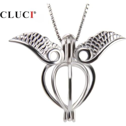 CLUCI Romantic Women 925 Sterling Silver Angel Wing Heart Cage Pendant Women Jewelry Real Silver 925 Pearl Locket SC330SB