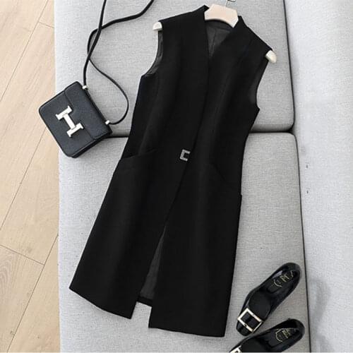 Casual Black Vest Women Elegant Suit Spring Autumn Sleeveless Jackets Outerwear Office Lady Slim Waistcoat Plus Size aq440
