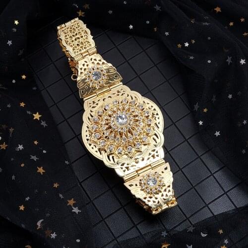 Elegant European female round zircon red crystal gold metal waist chain belt hollowed-out flower dinner party belt body jewelry