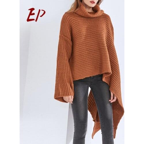 EP 2021 New Female Minority Design Pullover High Collar Individual Character Joker Contracted Loose Irregular Blouse Sweater