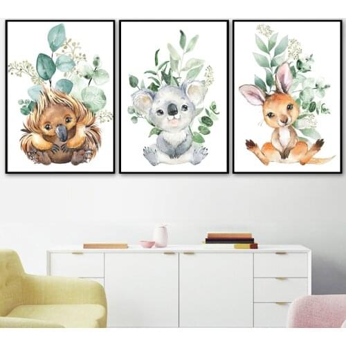 Koala Deer Duck Leaf Nursery Wall Art Canvas Painting Cartoon Nordic Posters And Prints Wall Pictures Girl Boy Kids Room Decor