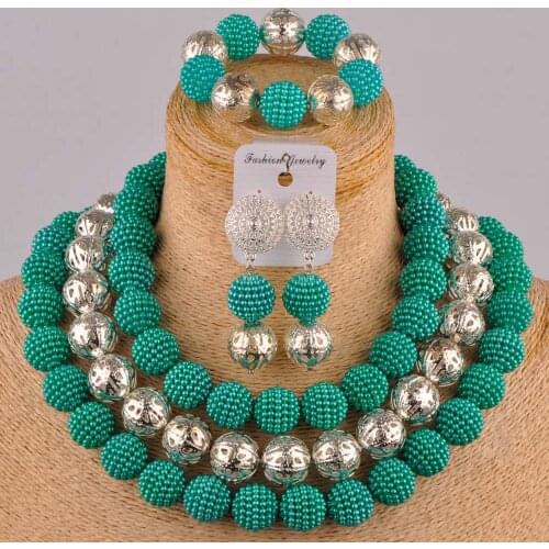 Teal green and silver nigerian beads african jewelry set women costume necklace set ZZ20