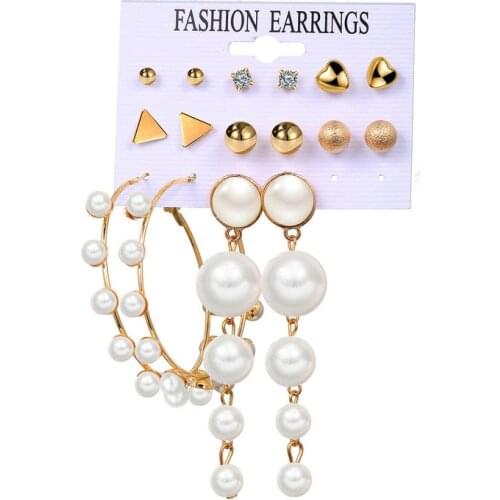 Korean Crystal Heart Vintage Simulated Pearl Geometry Earrings Jewelry For Women Girl Bead Earrings Set Gold Jewelry Brincos