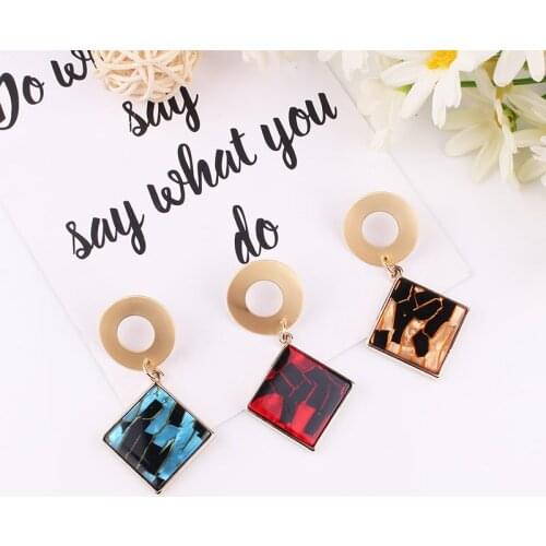 LUBOV Colorful Square Resin Stone Pendant Drop Earrings Gold Color Metal Circle Dangle Earrings Fashion Women Party Jewelry