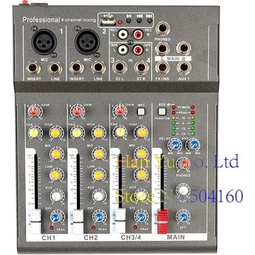 Mini Karaoke Audio Mixer Amplifier Professional Microphone Mixing Sound Console 4 Channel With USB 48V Phantom Power