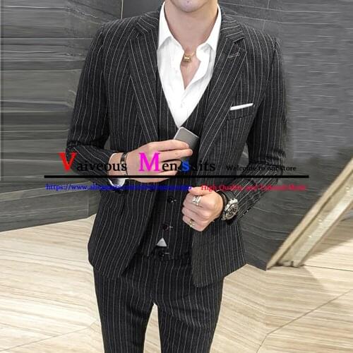 Black Stripe Men Suits Slim Fit Business Blazer Notched Lapel Wedding Groom Tuxedo 3 Piece Sets (Jacket+Vest+Pants ) Costumes
