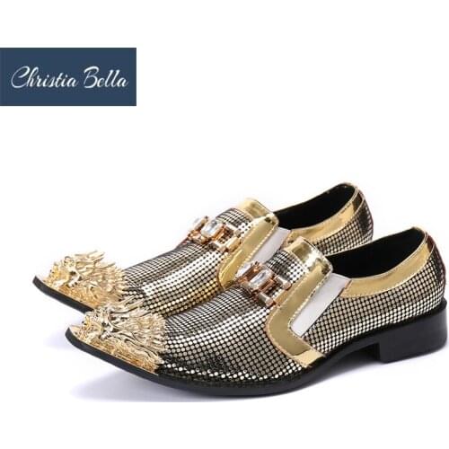 Rock Mens Shoes Personality Golden Metal Toe Leather Dress Shoes for Men Formal Business Party and Wedding Oxfords Shoes