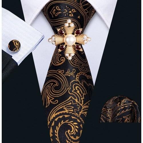 Mens Wedding Tie Gold Paisley Silk Tie Hanky Cufflinks Brooch Set Barry.Wang 3.4" Jacquard Party Woven Fashion Necktie For Men
