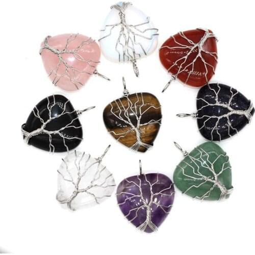 Fashion Healing Rose Pink Quartz Lapis Stone Wire Wrap handmade tree of life heart Chakra Pendants for Jewelry Making Wholesale