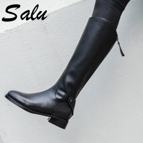 Salu Black Women Boots Genuine Leather Knee High Boots 3.5cm Heel Autumn Winter Fashion Shoes