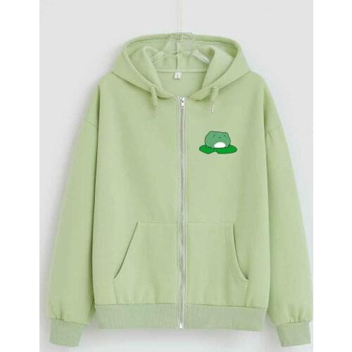 Kawaii Frog Zipper Hoodie Women Cotton Graphic Hoodies Women Harajuku Jacket Aesthetic Clothes Streetwear Green Long Sleeve