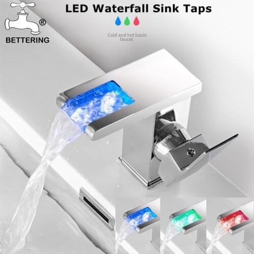 Bettering Chrome Faucet LED Waterfall Brass Tap Water Mixer Stream Deck Bathroom Sink Smart FaucetLedeme Led Sensor Faucet
