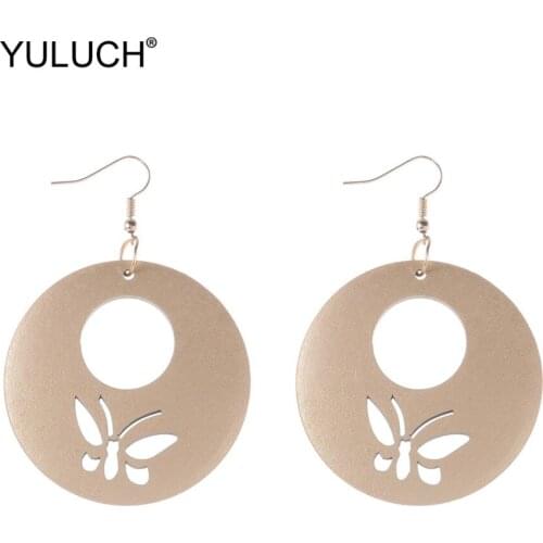 YULUCH Wood Gold Round Hollow Butterfly Dangle Earings 2019 Ethnic Fashion Drop Pendant Earrings For Women Jewelry Accessories