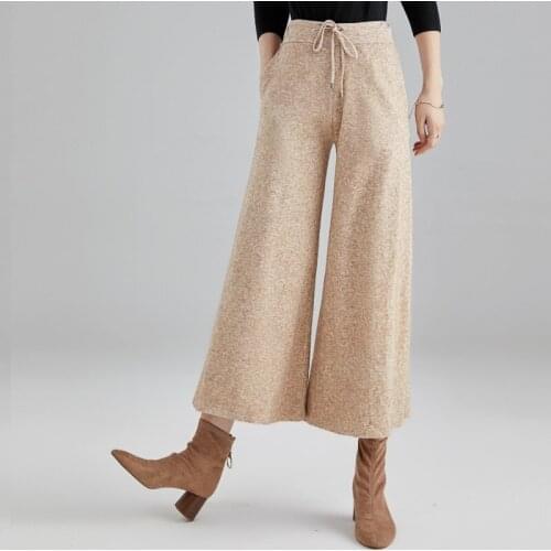 Plus Size Women Winter Warm Trousers Wide Leg Bottoms Cropped Knitted Wool Pants Women 2019 OS045