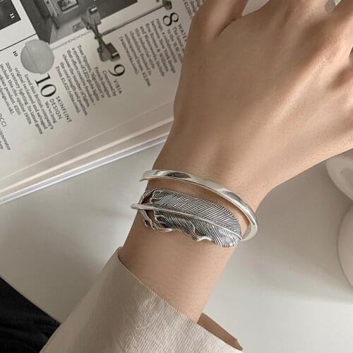 New Arrival 100% 925 Sterling Silver Personality Feather Design Ladies Bangle Original Jewelry For Girlfriend Christmas Gift