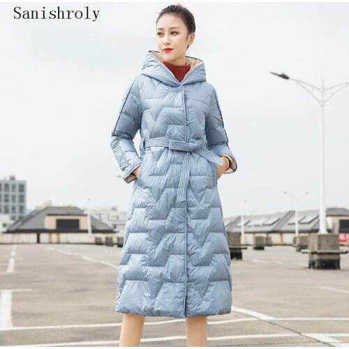 Sanishroly Warm White Duck Down Jacket Women With Sashes Long Winter Coat Parka Ladies Slim Hooded Outerwears Plus Size SE1095