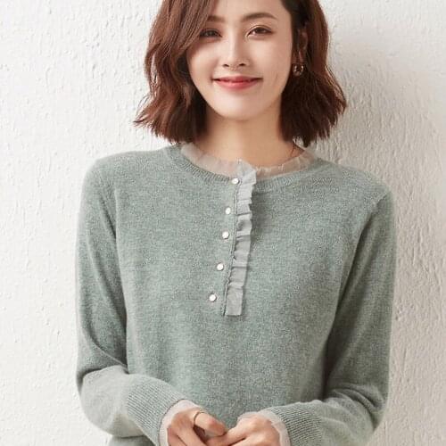 2021 Spring Autumn New 100%Pure Wool Knitted Pullover Women' Round Neck Short Cashmere Sweater Korean Lace Trim Loose Base Shirt