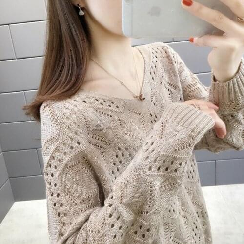 2021 Spring New Hollow Out Women Knitted Sweater Pullover V-Neck Long Sleeve Pull Femme Short Knitwear Loose Ladies Tops H1453