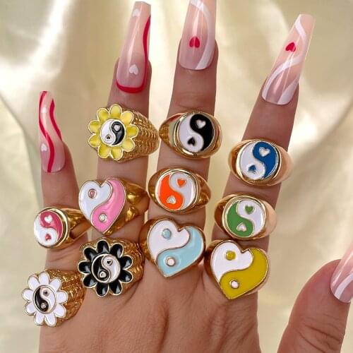 Geometric Yin Yang Colorful Enamel Rings for Women Trend Gossip Hit Color Ring Summer Combination Index Finger Fashion Jewelry