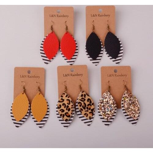 Rainbery Double layer Pu Leather Earrings Zebra-print American Flag Leaf Water Drop Earrings Fashion Jewelry Women Accessories