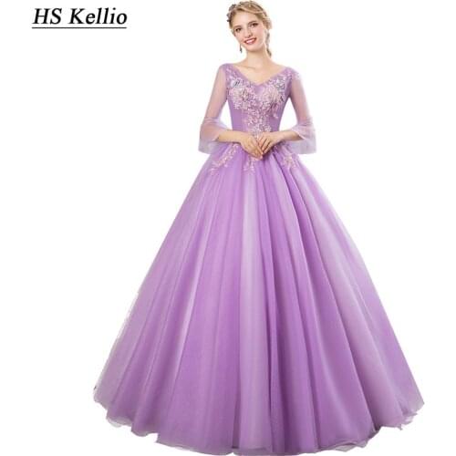 HS Kellio Quinceanera Dresses Light Purple With Sleeves Ball Gown Prom Dress Lace Up